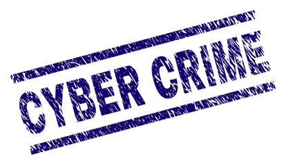 CYBER CRIME seal print with distress style. Blue vector rubber print of CYBER CRIME text with scratched texture. Text title is placed between parallel lines.