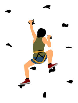 Extreme sport woman climb skill without rope. Girl climbing vector illustration, isolated on background. Sport weekend action in adventure park. Rock wall for fun. Tough and healthy climber discipline