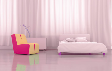 3D Rendering Bedroom -This room have double bed while the side has a pink double sofa with yellow trim and the back has a faint pink curtain. Resulting in the atmosphere becoming a bedroom for couples