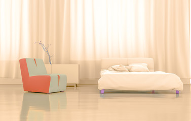 3D Rendering Bedroom - This room has a double bed while the side has a double sofa by using living coral color in 2019 and the back has a faint yellow curtain in the room to help keep warm in winter