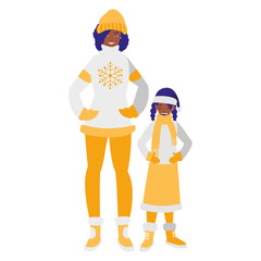 black mother and daughter with winter clothes