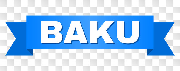 BAKU text on a ribbon. Designed with white title and blue stripe. Vector banner with BAKU tag on a transparent background.
