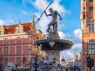 Gdansk, Poland, old town, statue of Neptune fountain, symbol of city Gdansk - obrazy, fototapety, plakaty