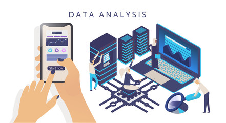 Modern flat design isometric concept of Data Analysis for website and mobile website with people at work, man, woman, people, phone, laptop and backhround. Vector illustration. 