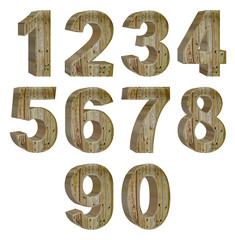 Set of arabic numbers, emitation wood texture, extrusion perspective on left, isolated on white background, 3d illustration