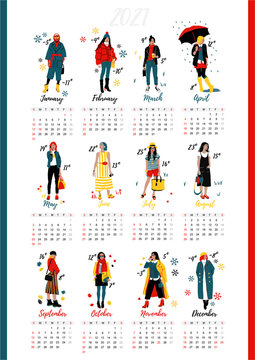Twelve young women or girls wearing stylish clothing. Wall Calendar. Detailed Female Characters. Colorful Fashion Illustration in Flat Cartoon Style.