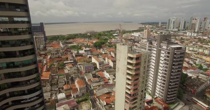 Aerial approaching of downtown Belem do Para in the Brazilian Amazon