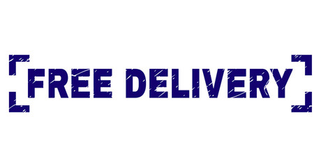 FREE DELIVERY text seal print with grunge style. Text label is placed inside corners. Blue vector rubber print of FREE DELIVERY with scratched texture.