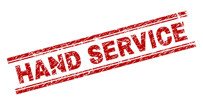 HAND SERVICE seal imprint with corroded texture. Red vector rubber print of HAND SERVICE caption with corroded texture. Text caption is placed between double parallel lines.