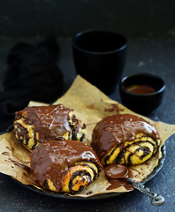 Swirl Brioche with chocolate and  poppy, Chocolate roll bread, chocolate pull apart rolls,