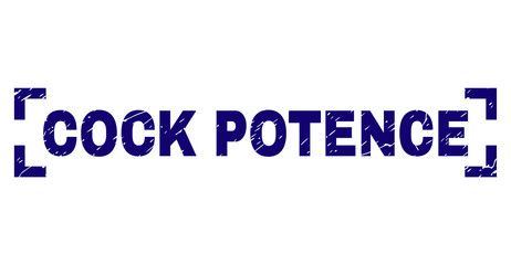 COCK POTENCE text seal stamp with distress texture. Text title is placed inside corners. Blue vector rubber print of COCK POTENCE with retro texture.
