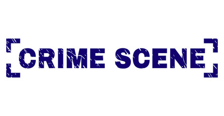 CRIME SCENE text seal print with distress texture. Text tag is placed inside corners. Blue vector rubber print of CRIME SCENE with grunge texture.