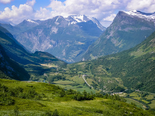 Naklejka na ściany i meble Beautiful Norwegian nature, mountains, roads and mountain river