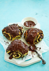 Swirl Brioche with chocolate and  poppy, Chocolate roll bread, chocolate pull apart rolls,