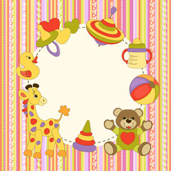 Obraz na płótnie Canvas Vector baby pattern. Illustration with cute animals and toys for kids. Childrens background for wallpaper or textile. Baby shower pattern, brightfr or birthday greeting card.