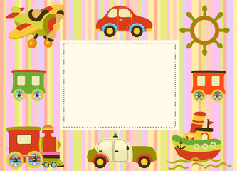 Vector baby pattern with transport. Illustration with cars, airplane and boats for kids. Childrens background for wallpaper or textile. Baby shower pattern, bright frame or birthday greeting card.