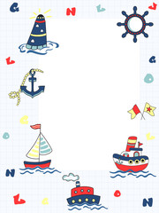 Fototapeta na wymiar Vector baby pattern with transport. Illustration with cars, airplane and boats for kids. Childrens background for wallpaper or textile. Baby shower pattern, bright frame or birthday greeting card.