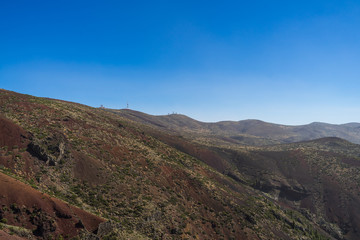 View of the valley of Teide volcano. In the background is the Teide Observatory. Viewpoint: Mirador La Tarta. Tenerife. Canary Islands. Spain.