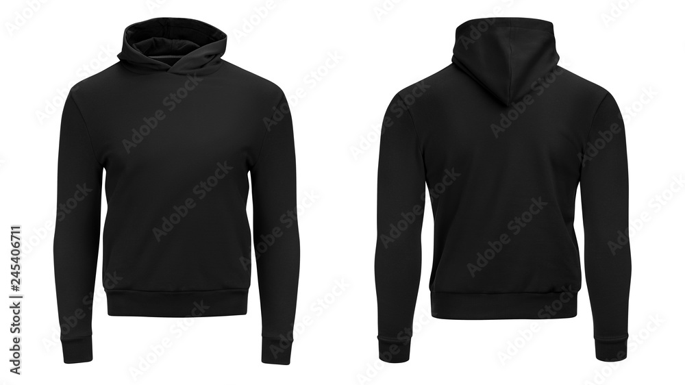 Sticker Blank black male hoodie sweatshirt long sleeve, mens hoody with hood for your design mockup for print, isolated on white background. Template sport winter clothes - Stickers