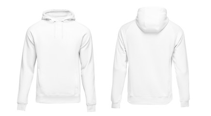 White male hoodie sweatshirt long sleeve, mens hoody with hood for your design mockup for print, isolated on white background. Template sport clothes - 245406752