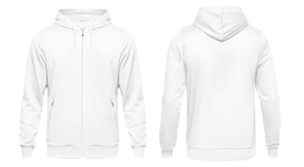 White male hoodie sweatshirt long sleeve, mens hoody with hood for your design mockup for print, isolated on white background. Template sport clothes