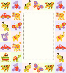 Obraz premium Vector baby pattern. Illustration with cute animals and toys for kids. Childrens background for wallpaper or textile. Baby shower pattern, brightfr or birthday greeting card.