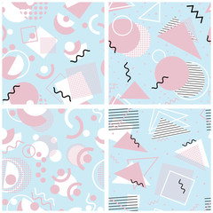 Set of 4 seamless repeat patterns in Memphis style. Pastel blue and pink abstract geometric backgrounds.