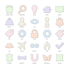 Outline vector set basic design shapes. Thin icons collection. Alarm clock, magnifier, bulb, home, book, weight, person, eye, keyhole, purse, tag, sun, lock, nut, puzzle, hat, plane, bow tie.