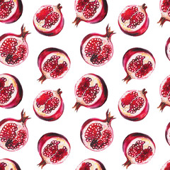 Seamless pattern with red pomegranate fruits. Watercolor on black background.