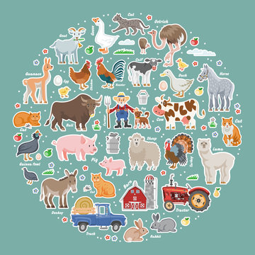Vector collection color cartoon animal farm illustration. Big isolated comic set of country and agriculture objects. Funny flat village. Happy farming pet stickers. Basic rural elements. Friendly icon