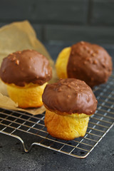 Brioche bun with chocolate filling and chocolate coating.