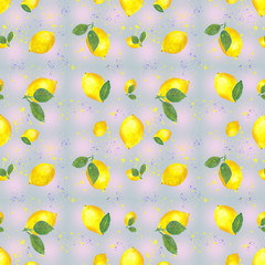 Seamless pattern of lemons and leaves. Watercolor hand painted illustration on a colorful  background.