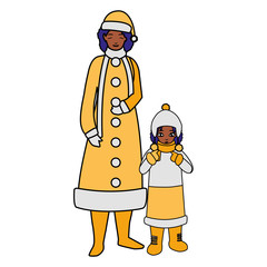 black mother and daughter with winter clothes