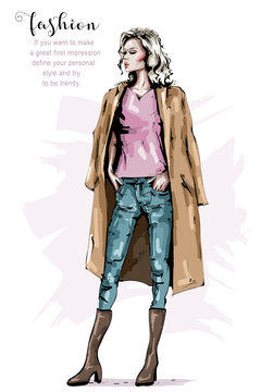 Hand drawn beautiful young woman in coat. Stylish elegant girl. Fashion woman look. Fashion winter outfit. Sketch.