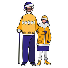 cute grandfather and daughter with winter clothes
