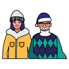 cute grandfather and daughter with winter clothes