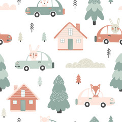 Seamless pattern with houses and cars