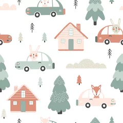 Wallpaper murals Animals in transport Seamless pattern with houses and cars