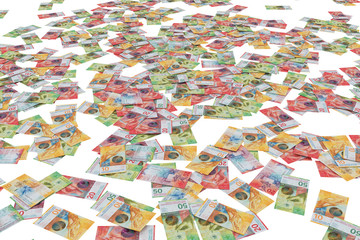 3D rendering of a computer-generated simulation showing banknotes of 10, 20 and 50 Swiss francs on white background