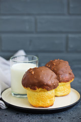 Brioche bun with chocolate filling and chocolate coating.