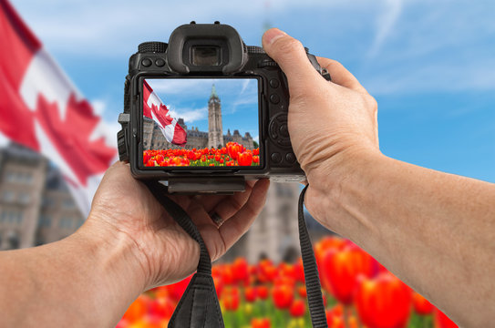 Travel to Canada phototography concept. Man's hands holding a DSLR camera taking picture of the Parliament of Canada