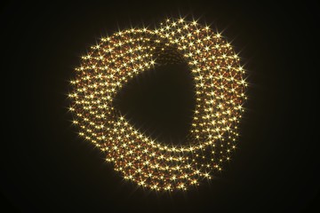 Abstract luxury golden jewelry isolated on black. 3D render of curved ring made from golden swirl spheres. Sparkle shine golden element for jewelry logo or icon design.