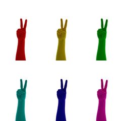 Obraz premium Collage of hand sign two fingers, victory hand, symbol of peace colored on red, yellow, green, blue, cyan, pink, magenta on the white background isolated 
