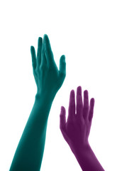 Close up illustration of women's arms moving upward simulate lust. They are painted in cyan and magenta, turquoise and pink gesturing the quest, craving, longing, hunger, thirst, aspiration towards so