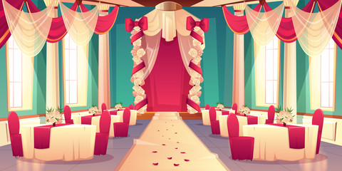 Banquet hall, ballroom in castle ready for wedding ceremony cartoon vector interior Decorated flowers and satin fabric wedding arch, rose petals on carpet dining tables Marriage celebrating background - obrazy, fototapety, plakaty