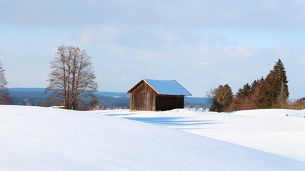 Holzhütte in romantischer Winterlandschaft im hügeligen Alpenvorland, Allgäu, Bayern