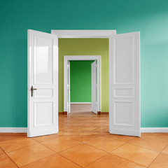 empty flat with open door, connecting rooms after renovation -
