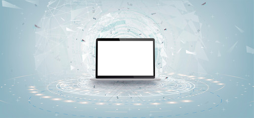 Realistic white laptop mockup with futuristic technology concept,laptop abstract background, vector