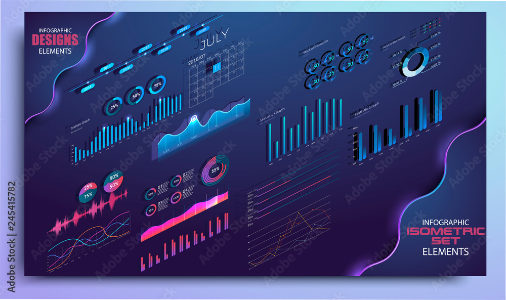 Wall mural isometric set of infographics with data financial graphs or diagrams. modern infographic vector