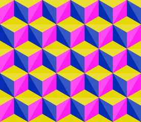 Obraz premium Seamless geometric pattern vector mosaic background colorful abstract design art with 3D looking cubes made of squares triangles hot pink yellow blue